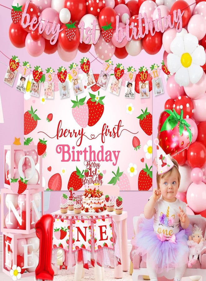 ILUIGGW Berry First Birthday Decor, Strawberry 1st Birthday Decorations Girl with Strawberry Balloons Berry First Party Backdrop Photo Banner Cake Toppers for Girl 1st Party Decorations - Image 2